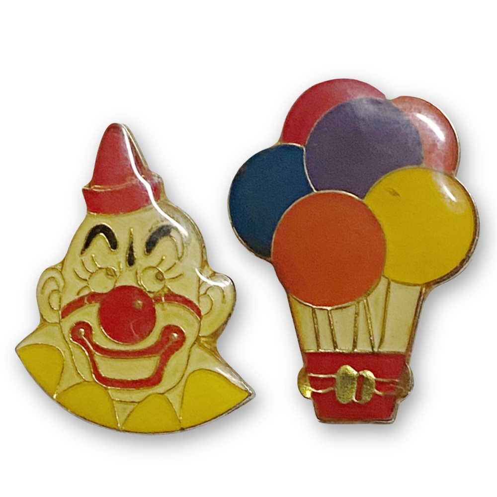 Set of 2 Clown & Balloons Vintage Mid Century Colorful Enamel Gold Lapel Pins